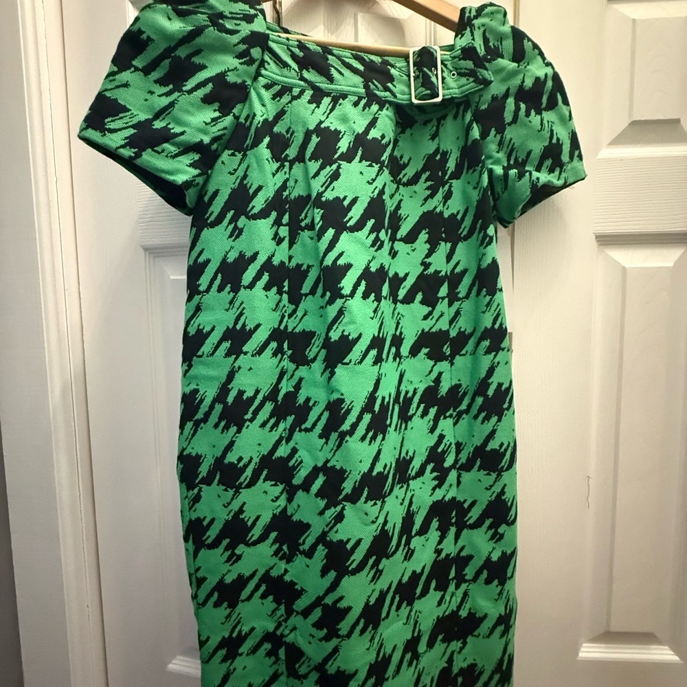 Marc By Marc Jacobs Green and Black Houndstooth Short-Sleeve Tulip Dress